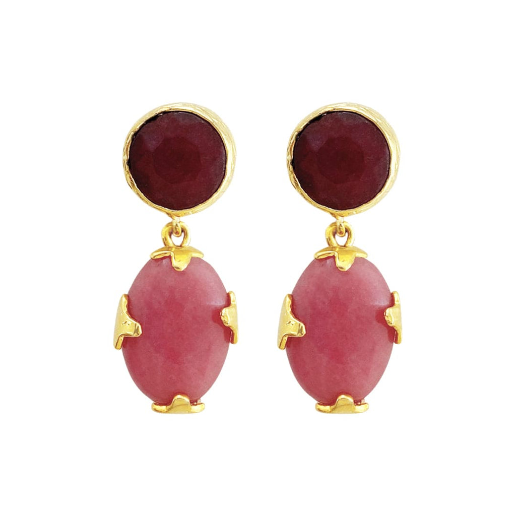 Golden Earrings w/ Natural Stone & Pink Glass Crystal