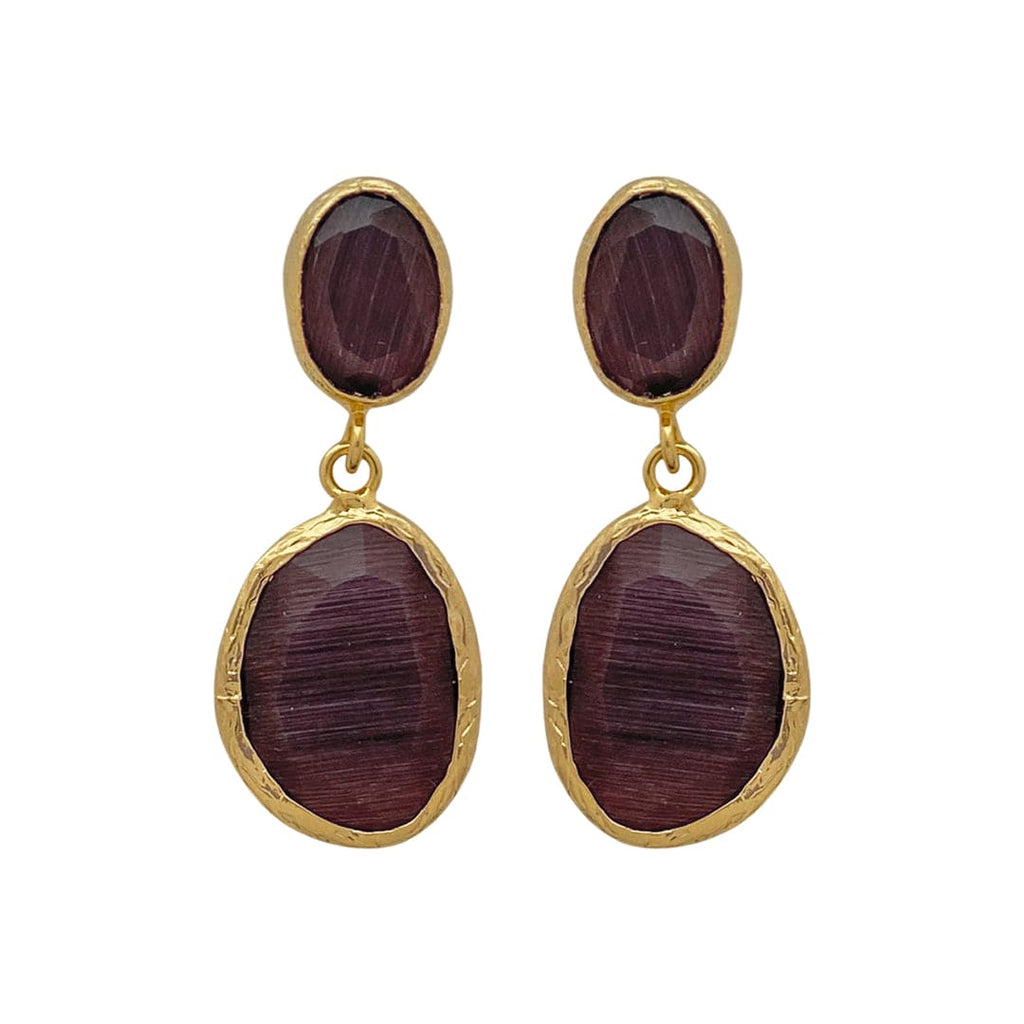 Golden Earrings w/ Natural Stone & Purple Glass Crystal