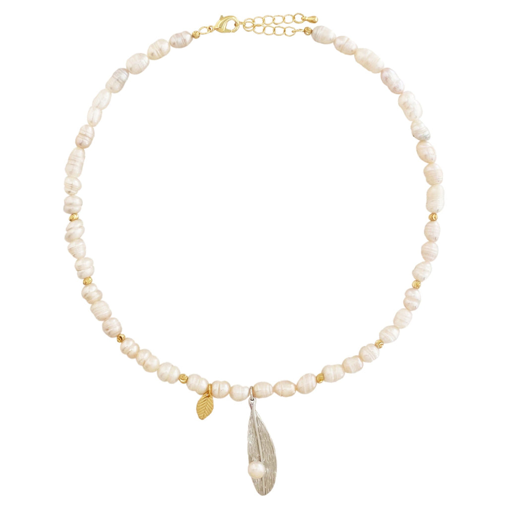 Freshwater Pearl Necklace w/ Golden Details & Silver Plated Pendant