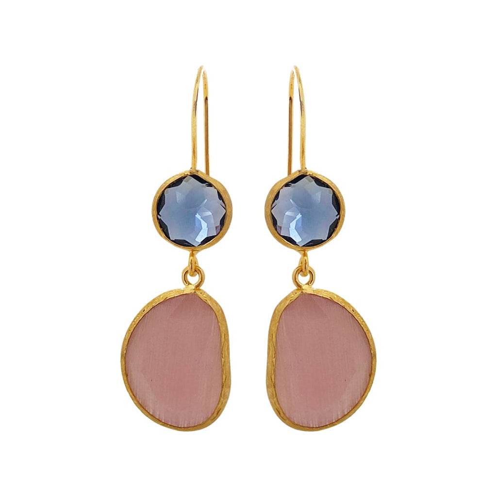 Golden Earrings w/ Natural Stone & Blue Glass Crystal