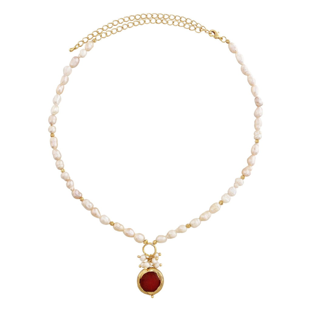Freshwater Pearls Necklace w/ Red Stone & Golden Details
