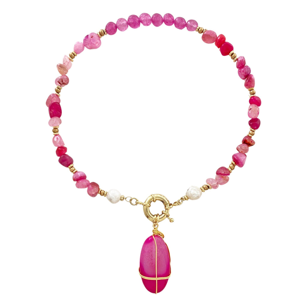 Pink Stones Necklace w/ Golden Details & Pendant