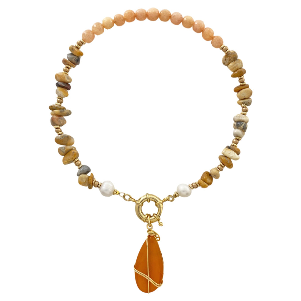 Beige Stones Necklace w/ Golden Details & Pendant