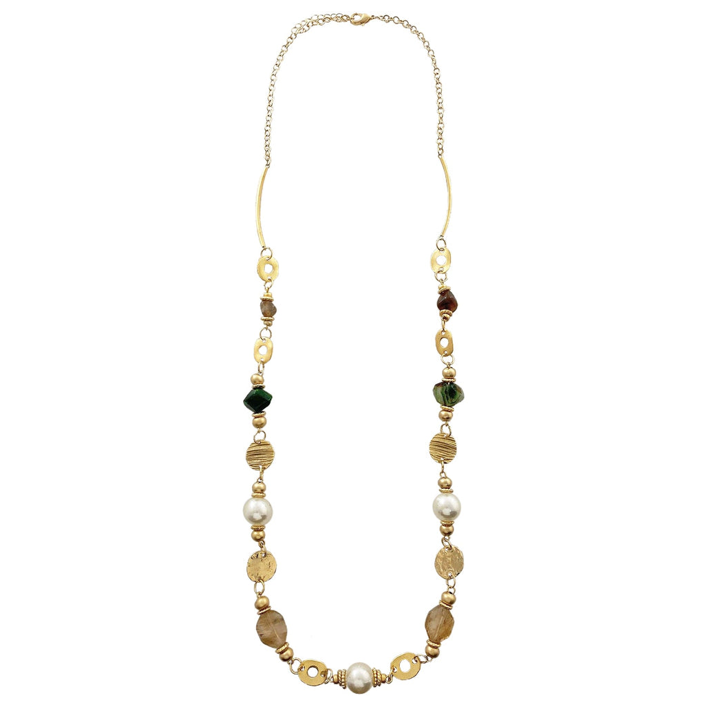 Golden Necklace w/ Natural Stone & Pearl