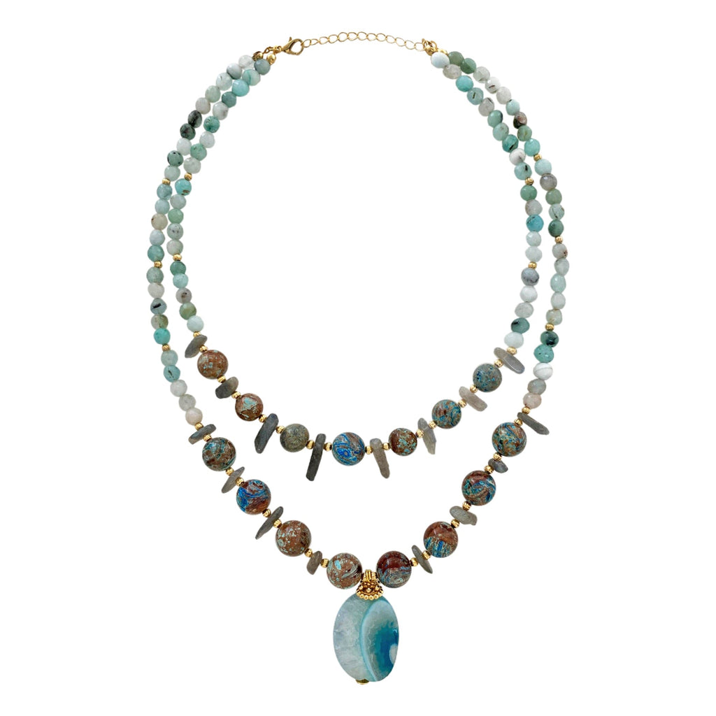 Ligh Blue Stones Necklace w/ Golden Details & Pendant