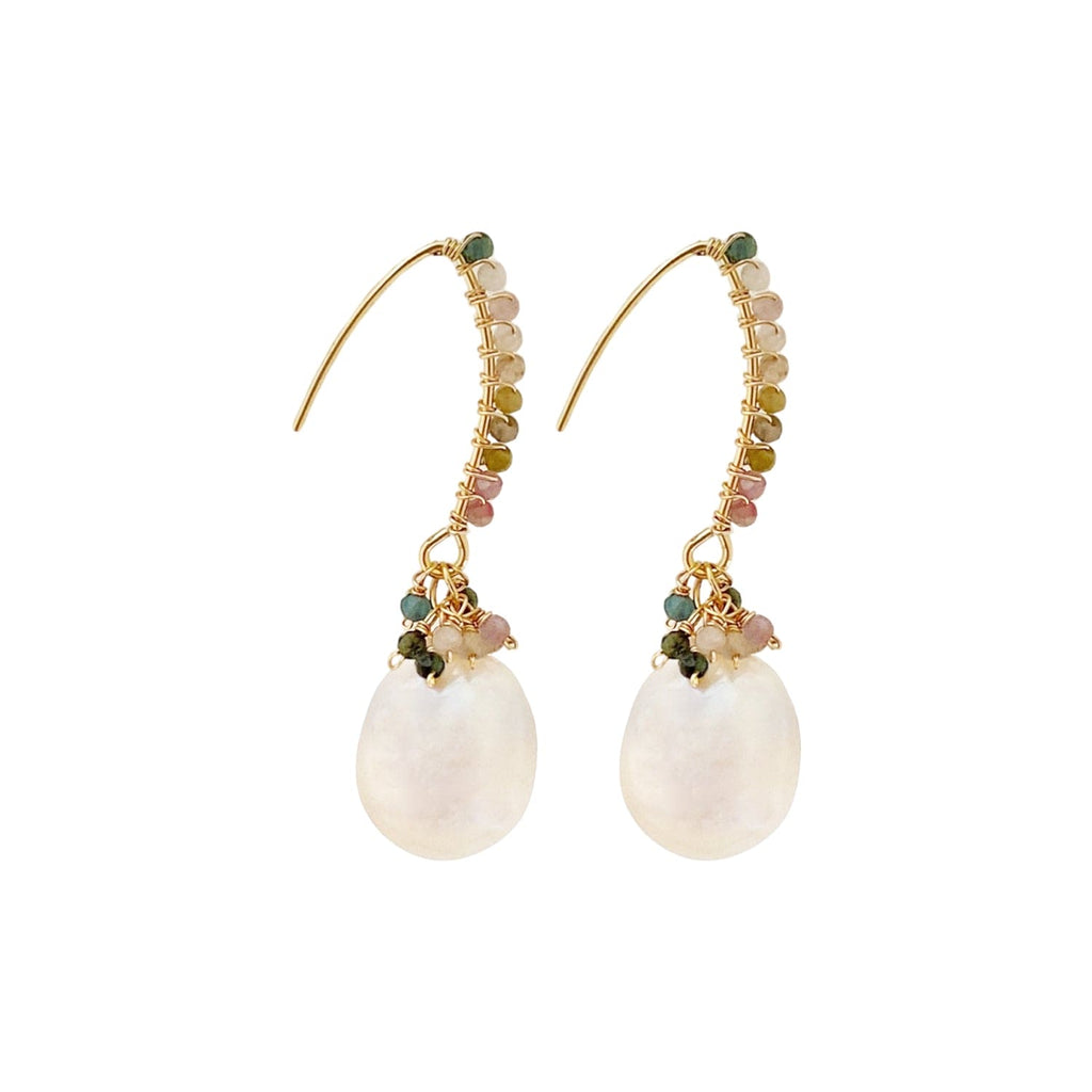 Golden Earrings w/ Freshwater Pearls & Tourmaline