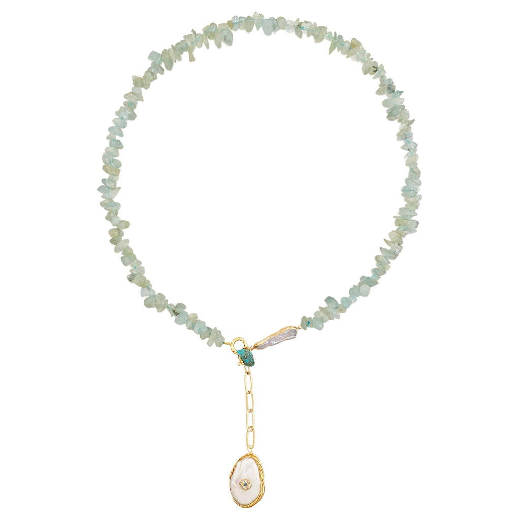 Golden Necklace w/ Freshwater Pearl & Amazonite Stones