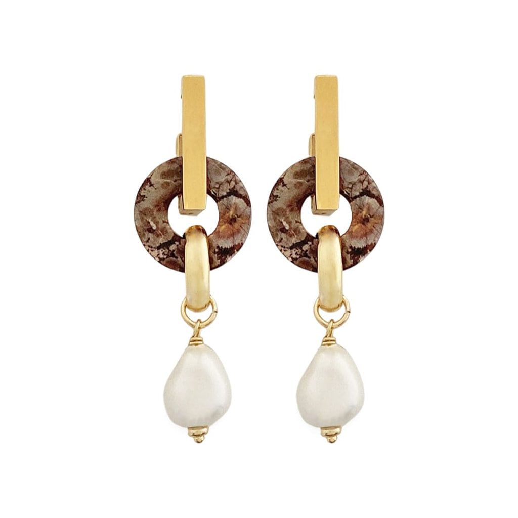 Golden Earrings w/  Grey Stone & Glass Pearl