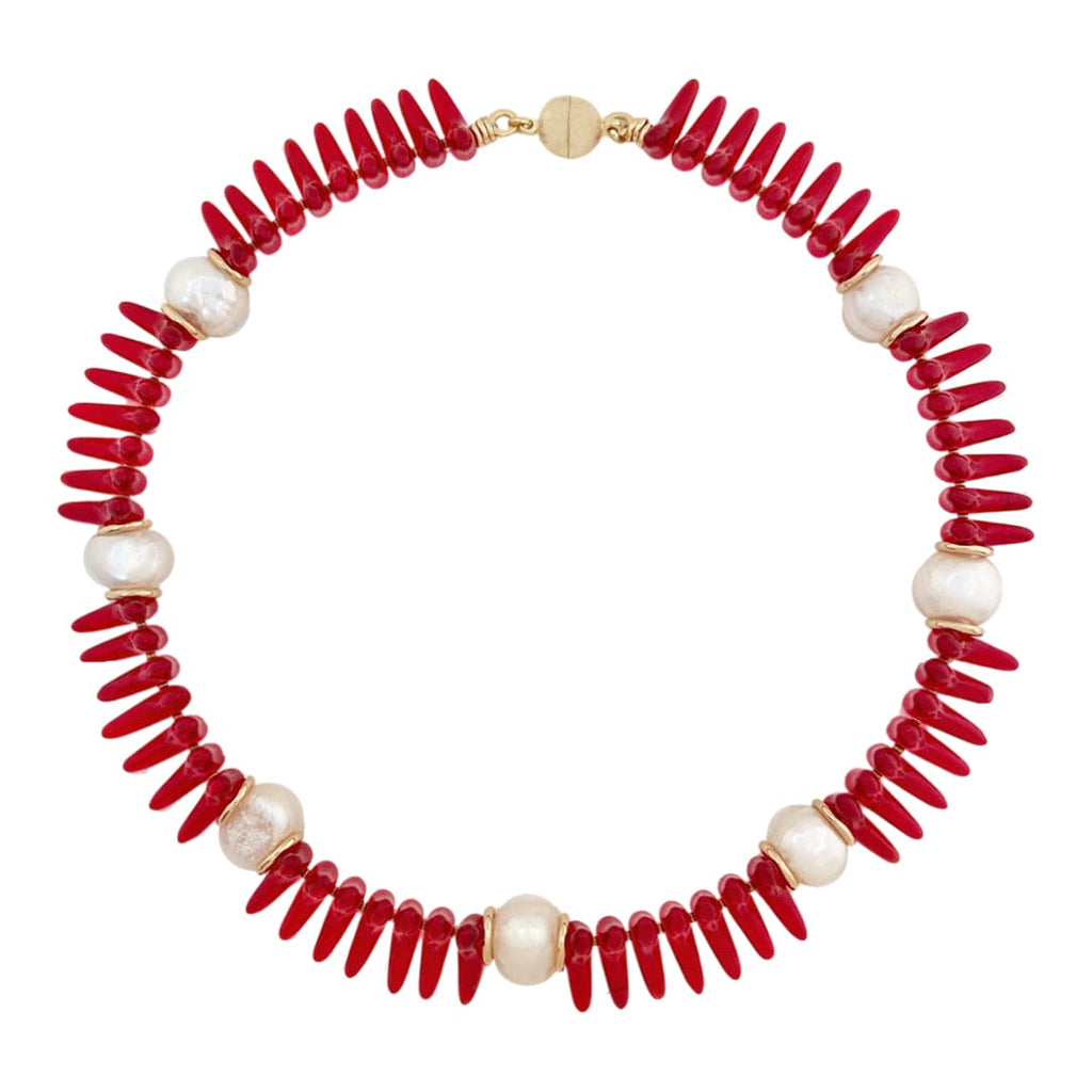 Czech Red Beads Necklace w/ Natural Pearls & Copper Fittings