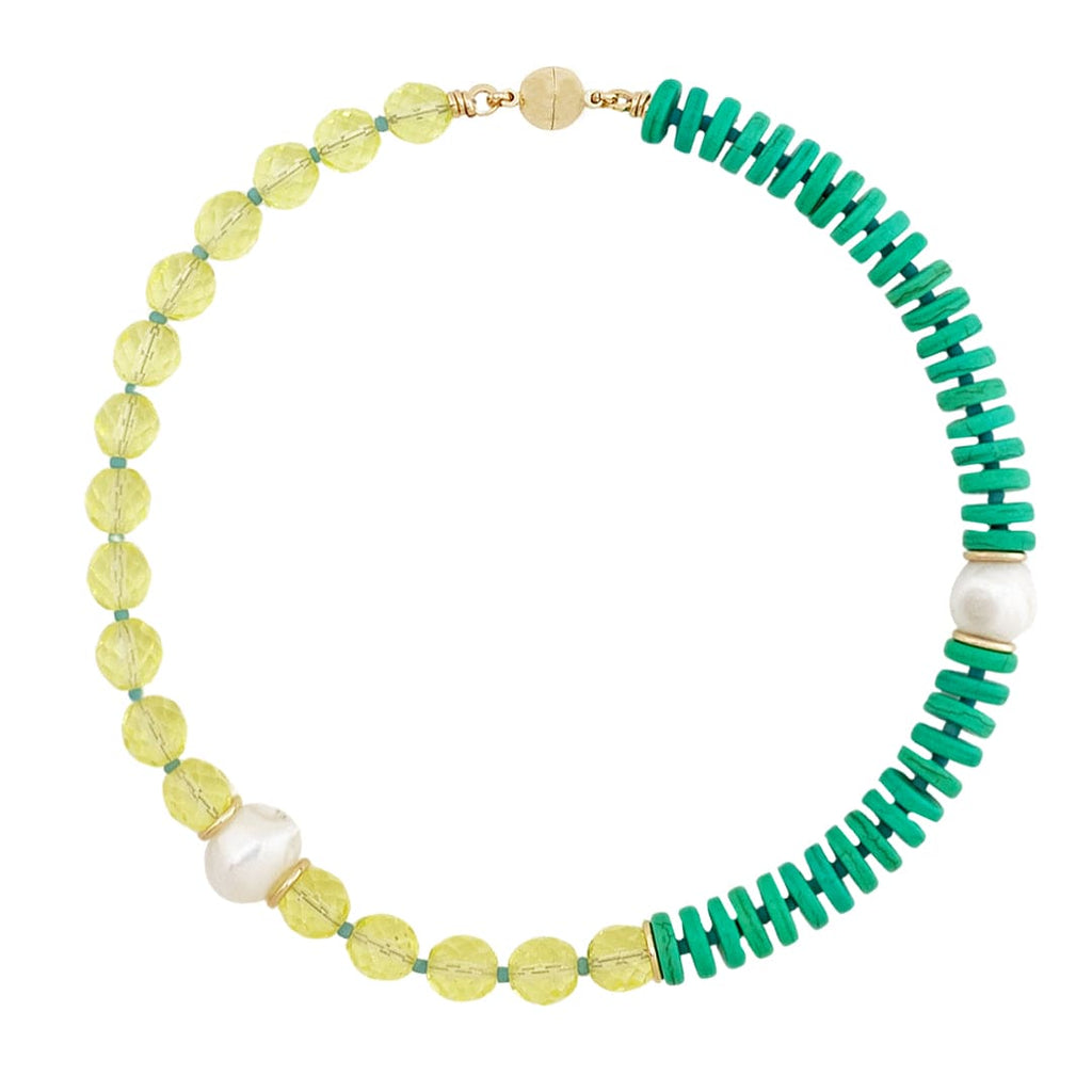Green Czech Beads Necklace w/ Natural Pearls
