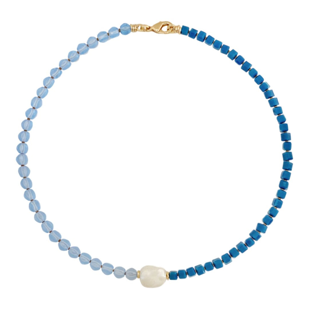 Blue Czech Beads Necklace w/ Glass Pearls & Blue Glass Beads