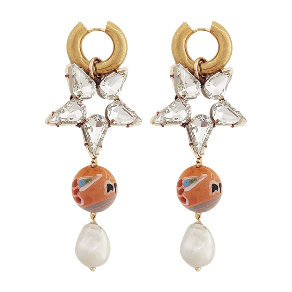 Gold Plating Crystal Earrings w/ Glass Pearl & Painted Bead