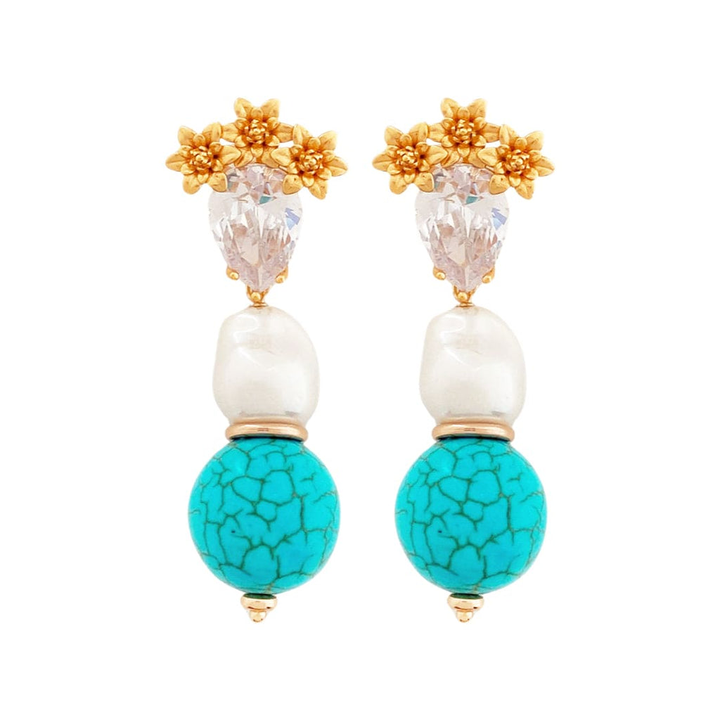 Natural Turquoise Earrings w/ Zircon & Glass Pearl