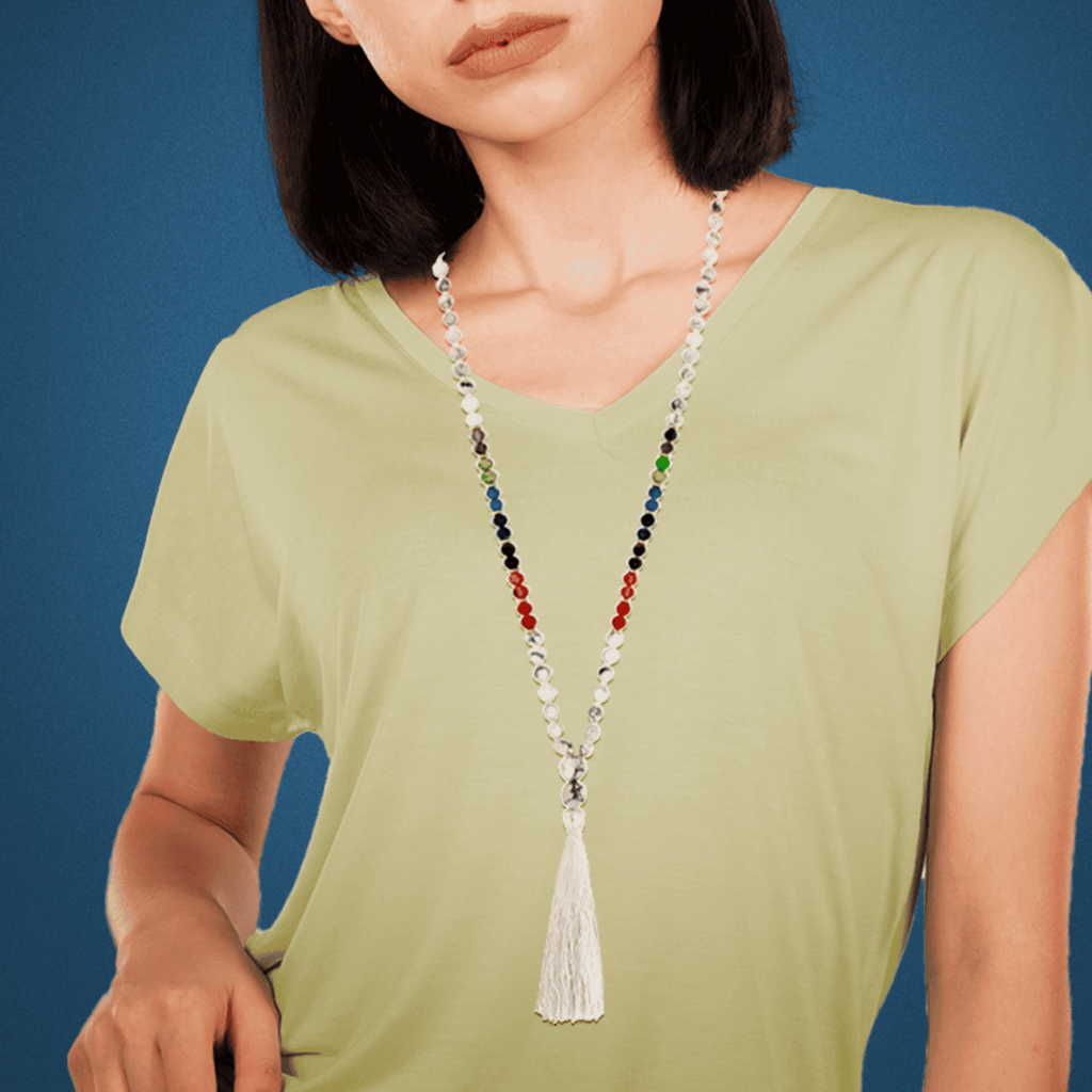 Necklace White Stones & Colorful Beads w/ Tassel