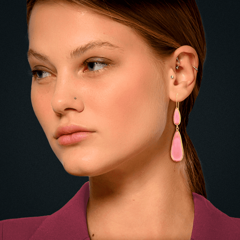 Golden Earrings w/ Pink Glass Crystal