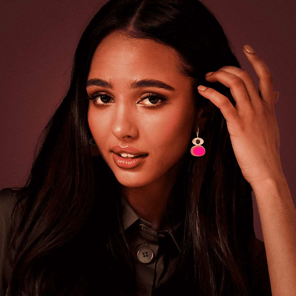 Golden Earrings w Red Quartz Pink Stone Pedra Dura