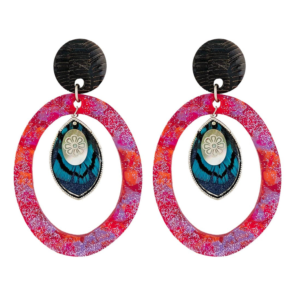 Resin Earrings w/ Mother of Pearl & Blue Feather & Glitter