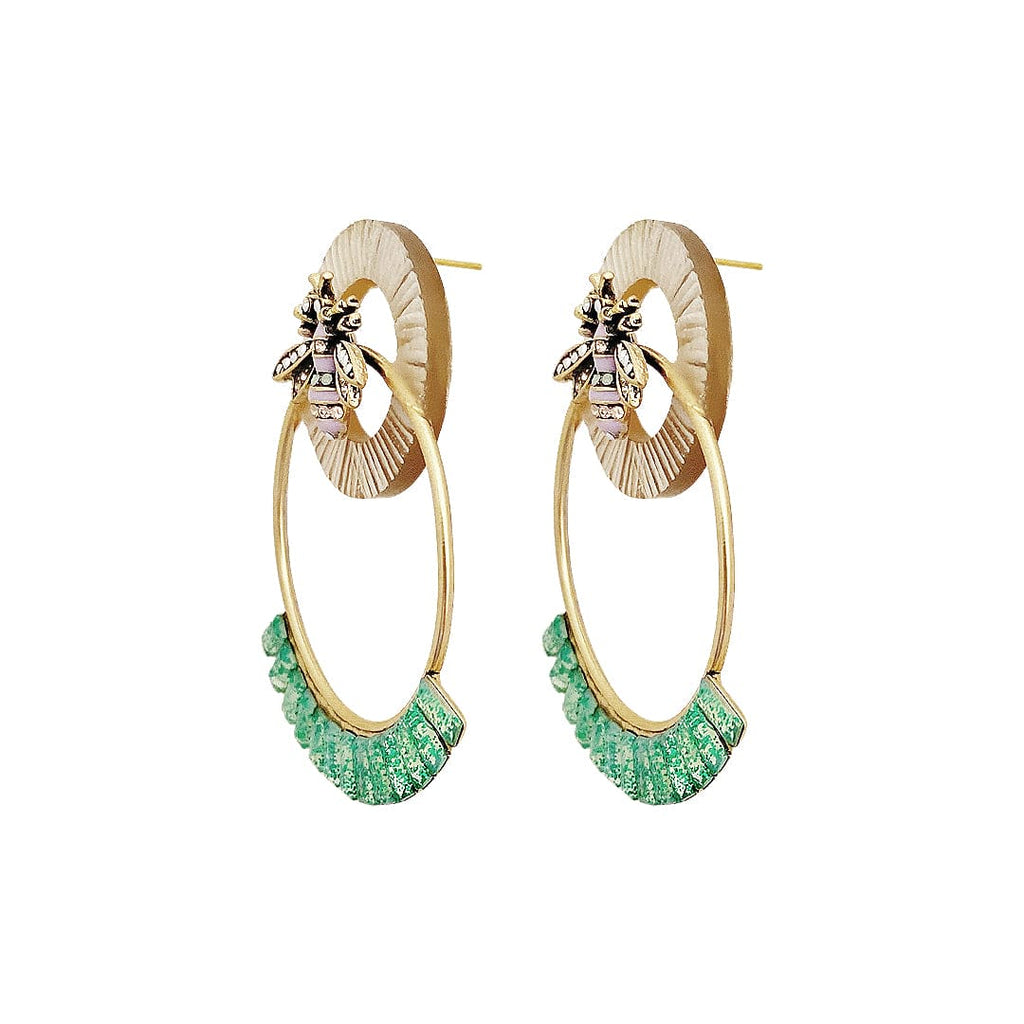 Golden Earrings w/ Green Crystals & Resin & Bug