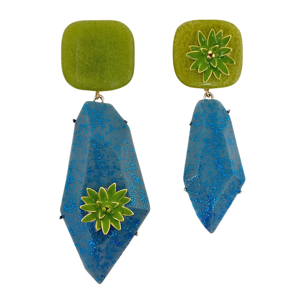 Green Resin Earrings w/ Blue Crystal