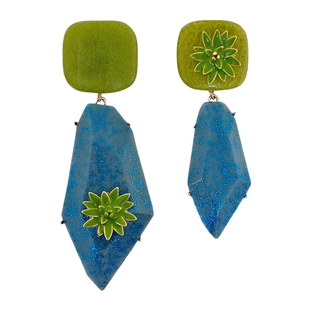 Green Resin Earrings w/ Blue Crystal