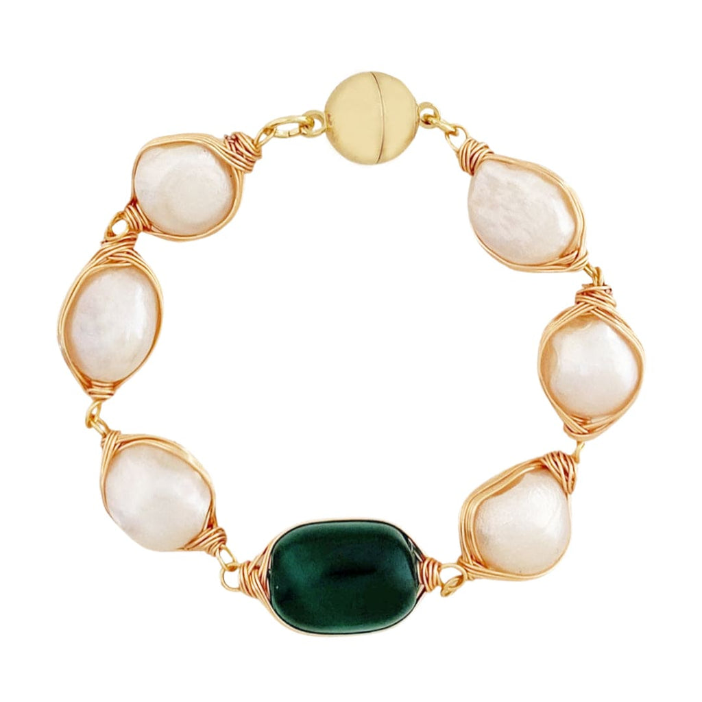 Pulseira c/ Pérolas de Água Doce c/ Ágata Verde