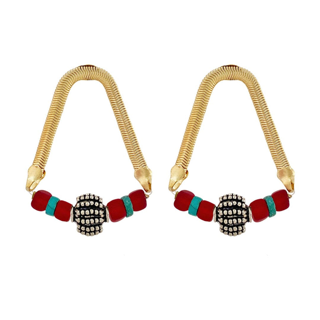 Golden Earrings w/ Red & Turquoise Beads