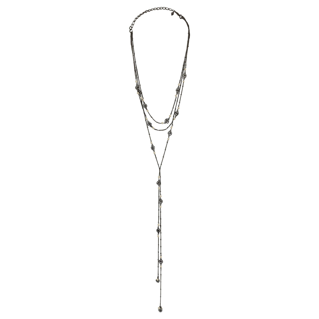 Dark Grey Necklace w/ Pearls & Flowers