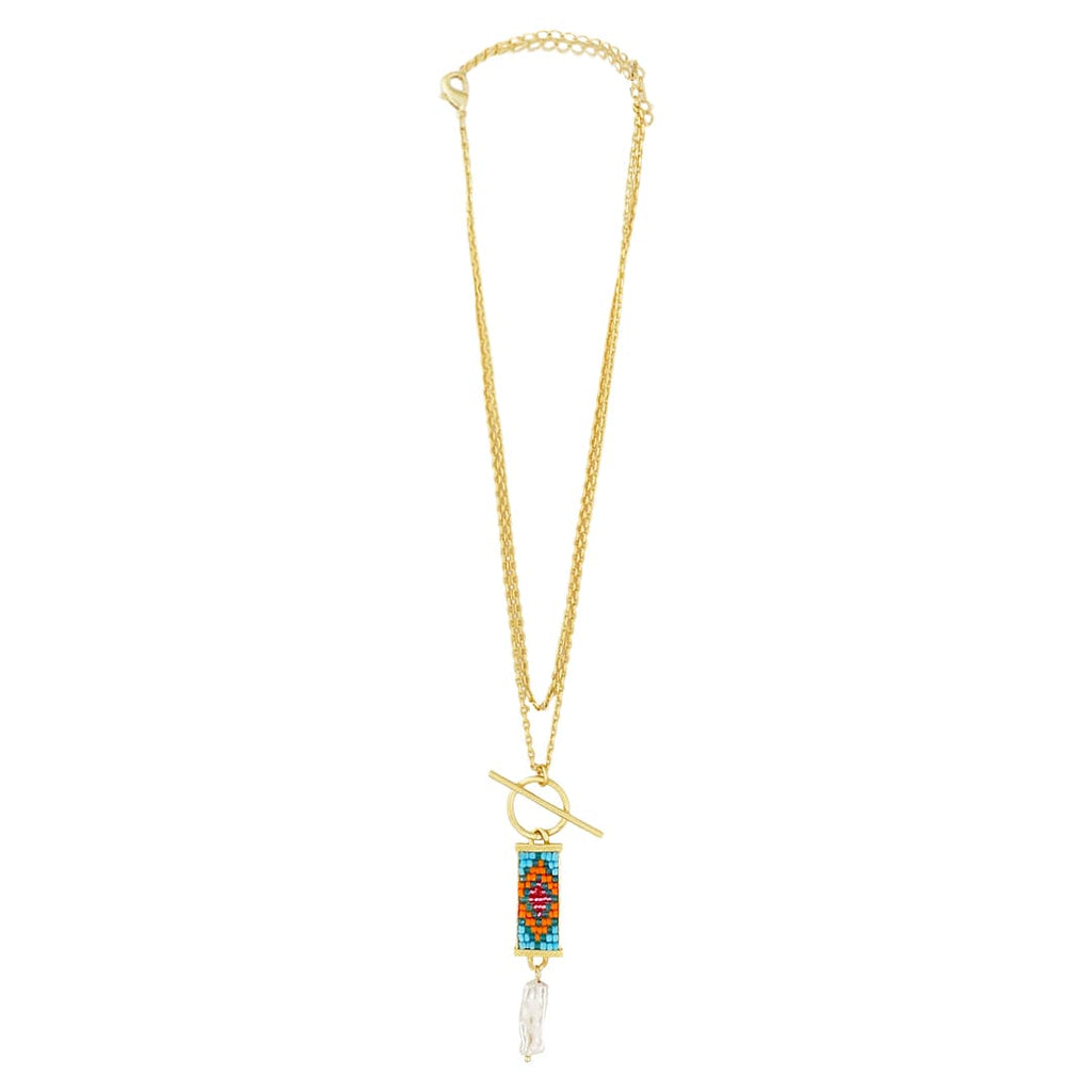 Golden Necklace w/ Multicolor Beads & Mother of Pearl