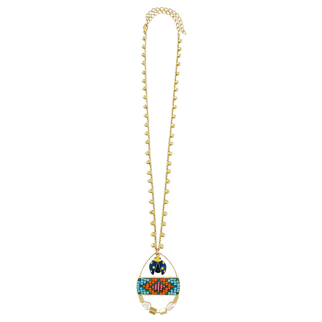 Golden Necklace w/ Multicolor Beads & Mother of Pearl & Bug