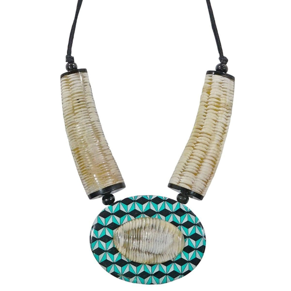 Resin Necklace w/ Blue and Black Geometric Pattern