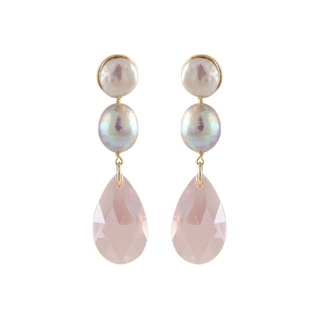 Golden Earrings w/ Fresh Water Pearls & Pink Glass Crystal