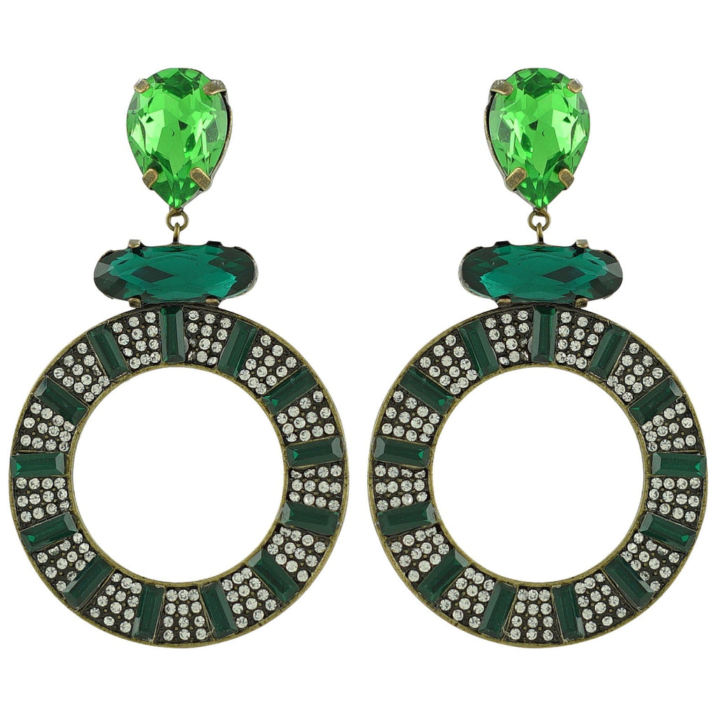 Brass Earrings w/ Green Crystals