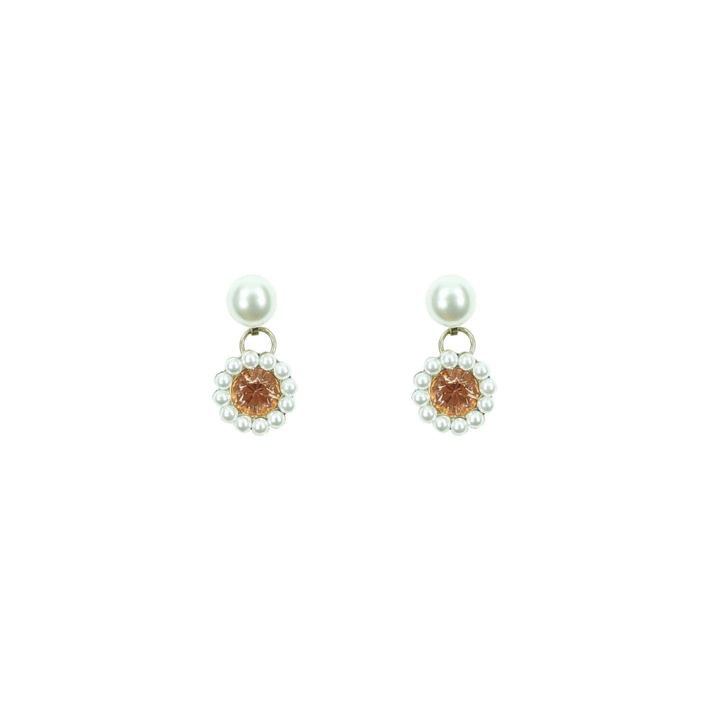 Brincos Prateados c/ Cristal Rosa & Pérolas