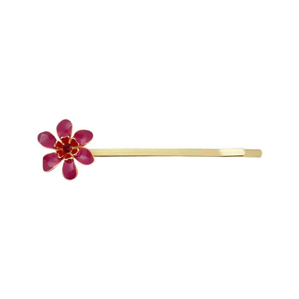 Golden Hairclip w/ Enamel Flower & Crystal