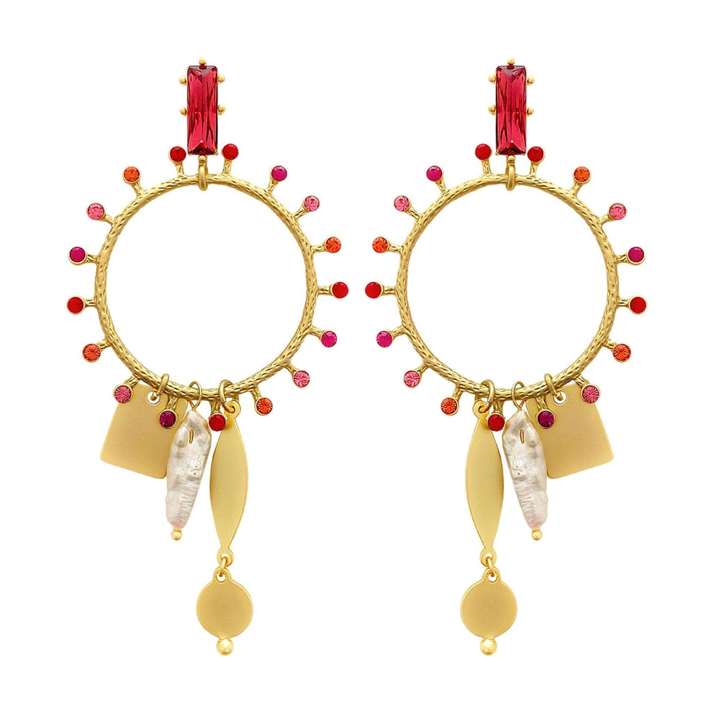 Golden Earrings w/ Pink and Red Crystals & Mother of Pearl