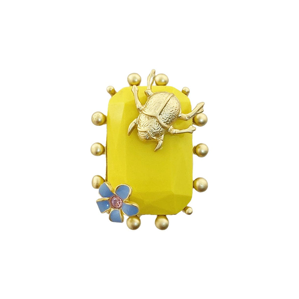 Anel Dourado c/ Resina Amarela & Insecto & Flor de Esmalte 