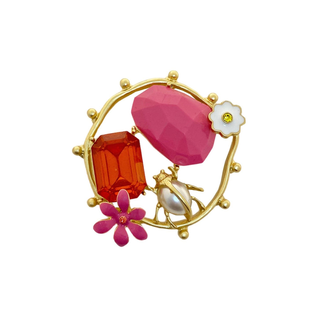 Golden Brooch w/ Crystals & Resin & Enamel Flowers & Pearl Bug