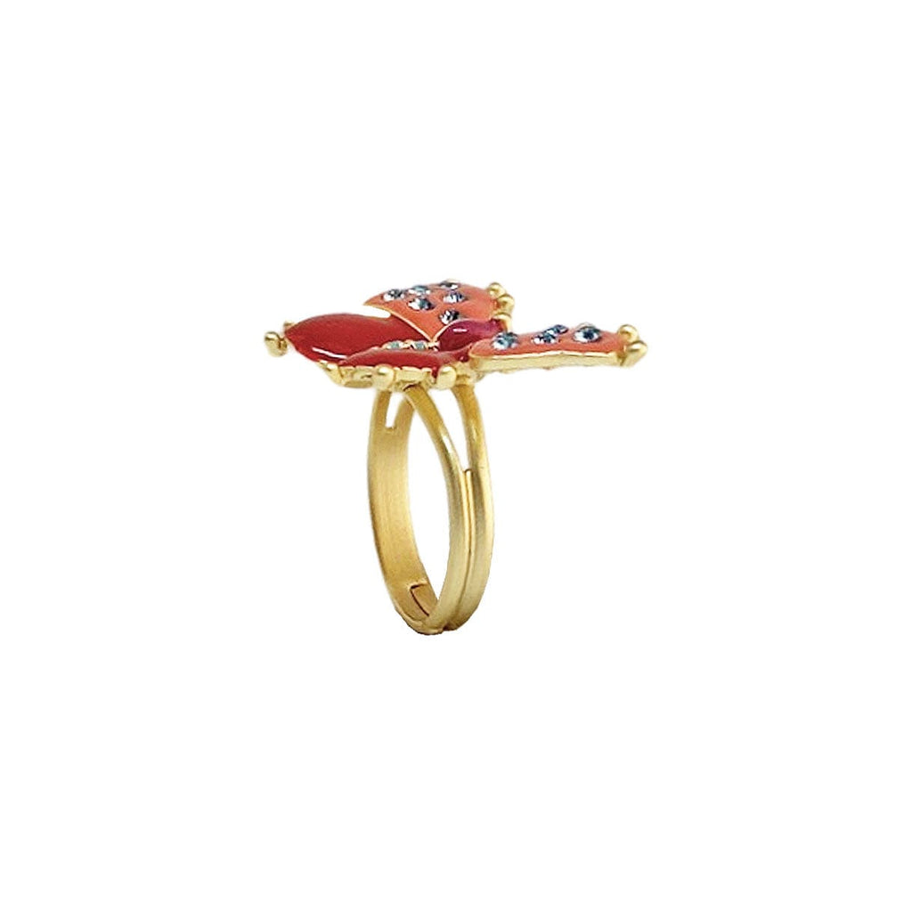 Golden Ring w/ Enamel Butterfly & Crystals