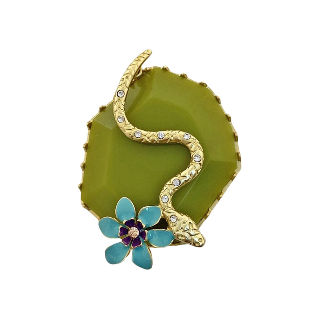 Golden Ring w/ Green Resin & Enamel Flower & Snake