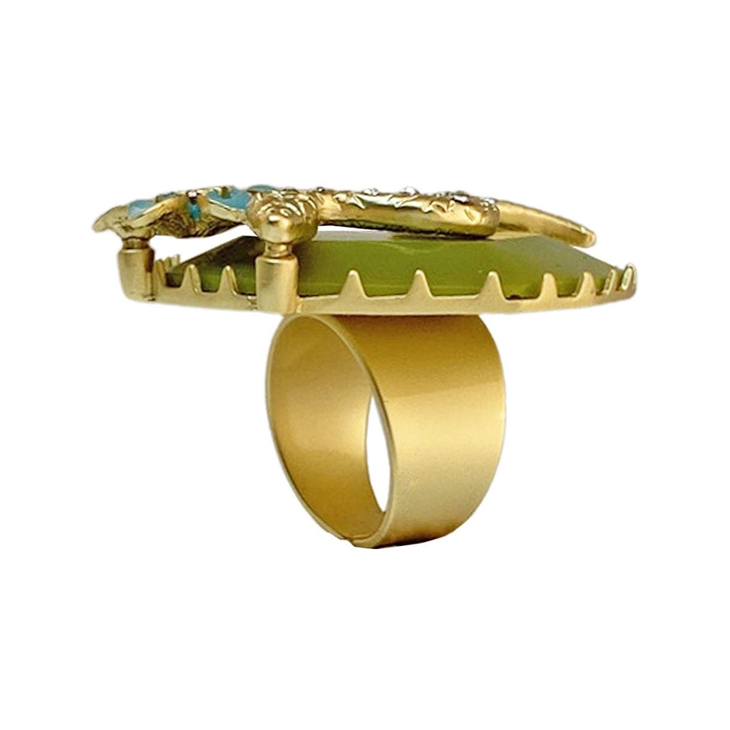 Golden Ring w/ Green Resin & Enamel Flower & Snake