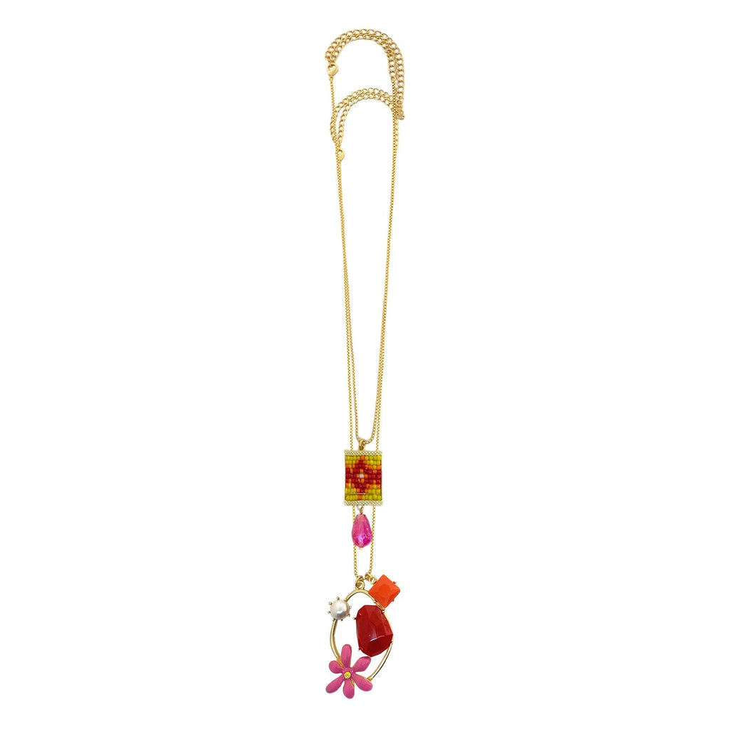 Double Golden Necklace w/ Resin & Beads & Pearl & Enamel Flower