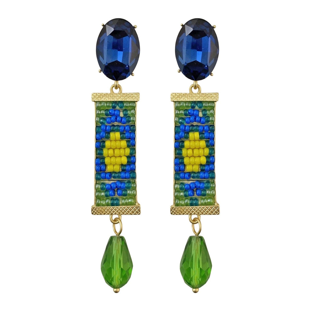 Golden Earrings w/ Blue & Green Beads & Glass Beads
