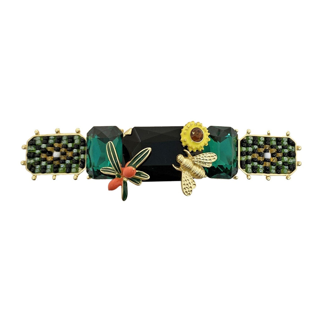 Golden Hairclip w/ Crystals & Beads & Enamel Flowers & Bee