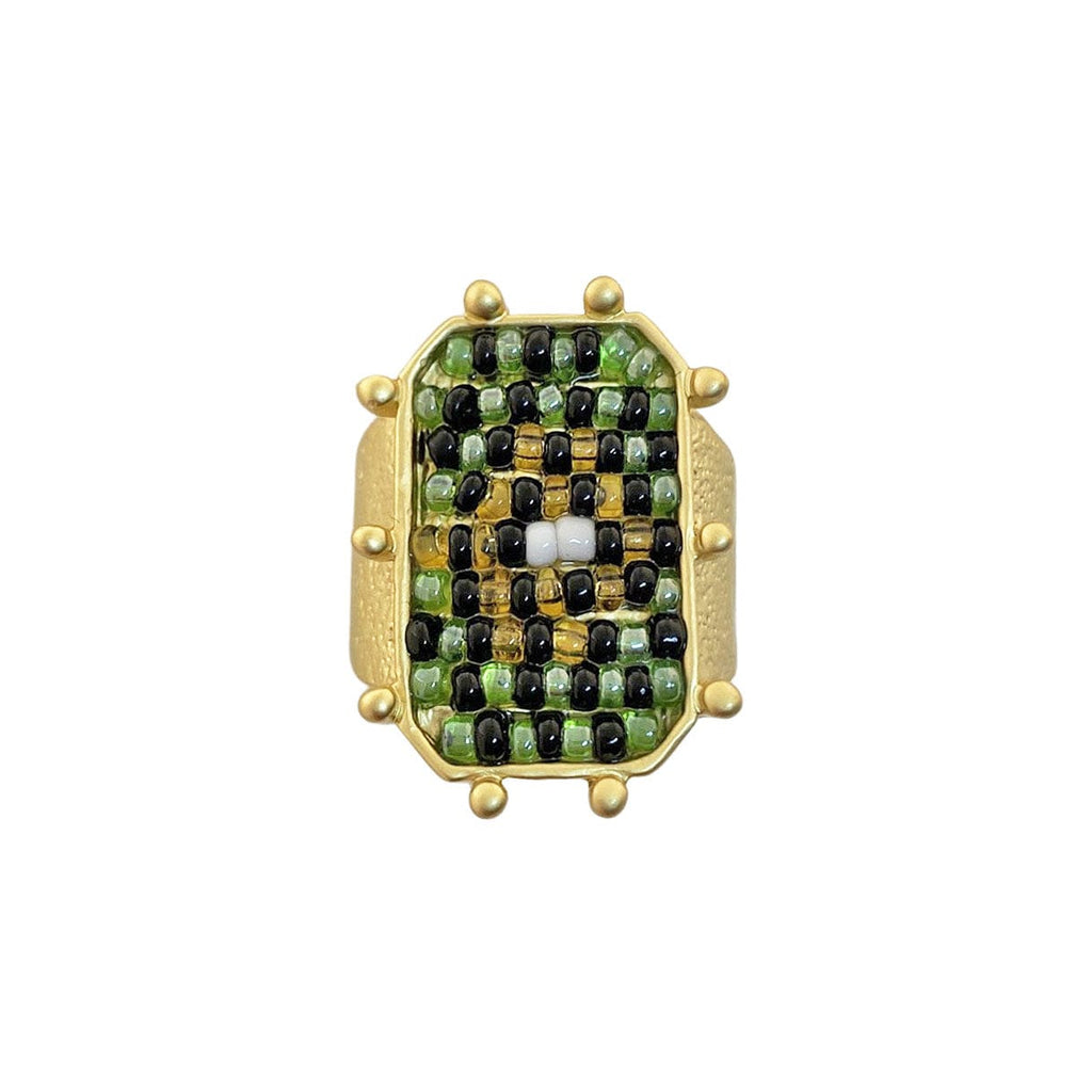 Golden Ring w/ Glass Green Beads