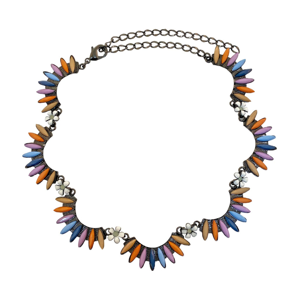 Grey Metal Necklace w/ Multicolored Resin & Enamel Flowers