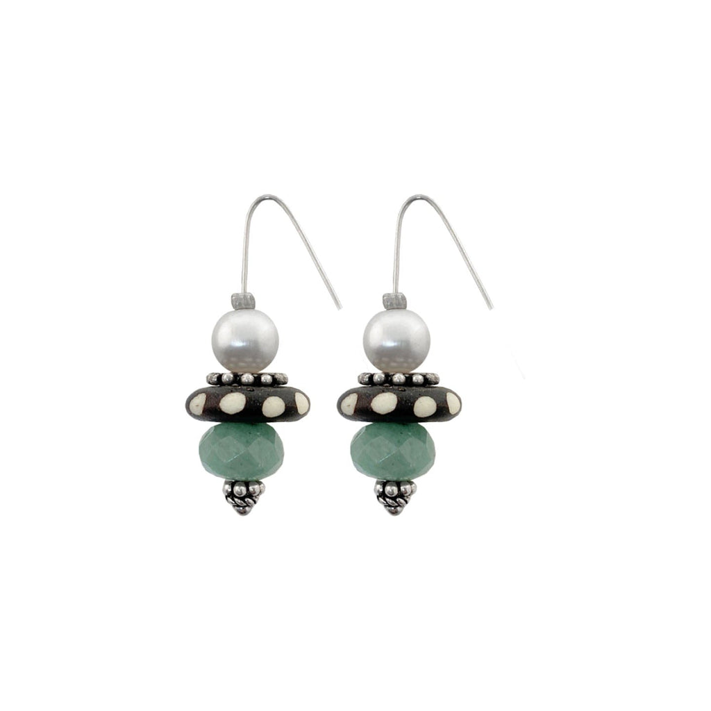 Silver Earrings w/ Culture Pearl & African Bead & Natural Stone