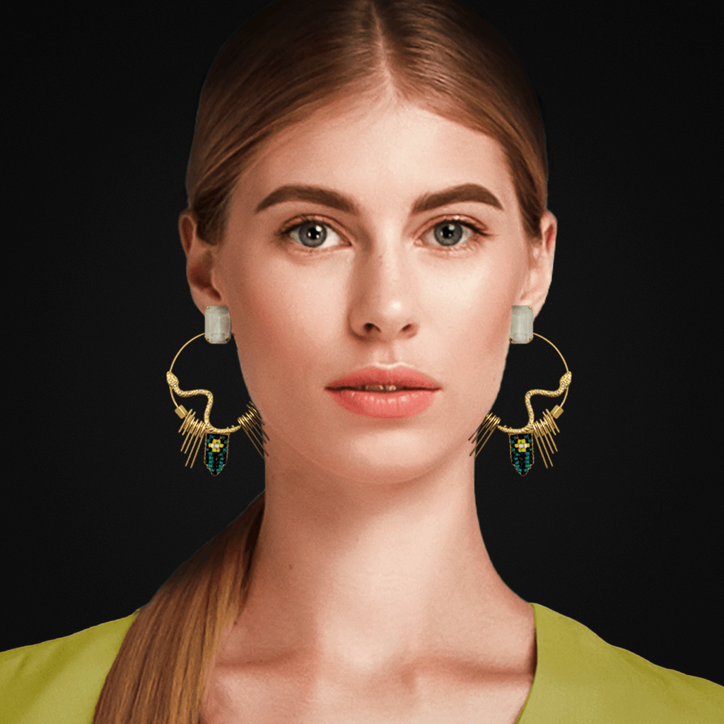 Golden Earrings w/ Crystal & Beads & Snake