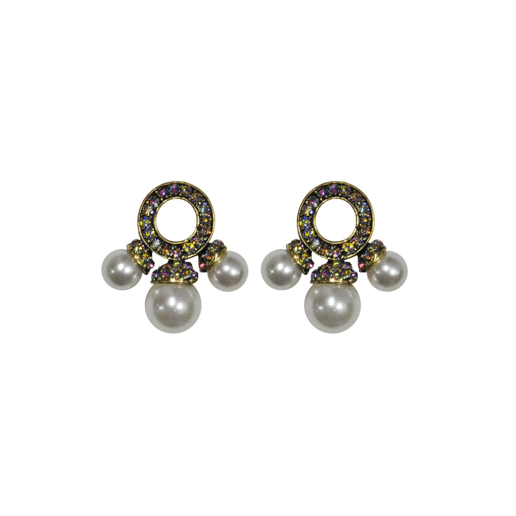 Golden Earrings w/ Multicolor Crystal & Cultured Pearl