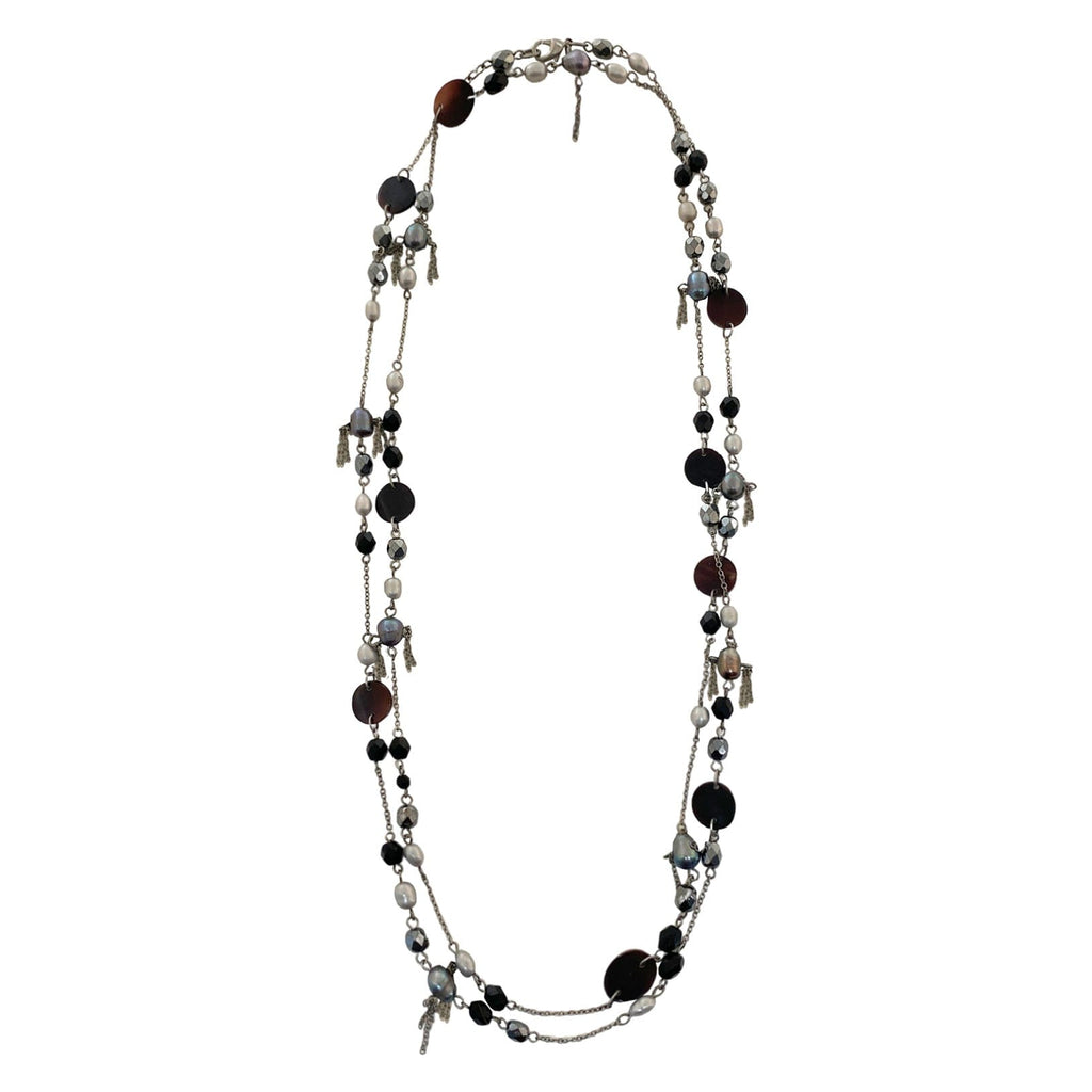 Silver Plated Necklace w/ Grey Pearl & Black Beads