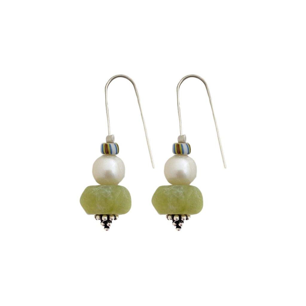 Silver Earrings w/ Antic African Beads, Culture Pearl & Jade Stone